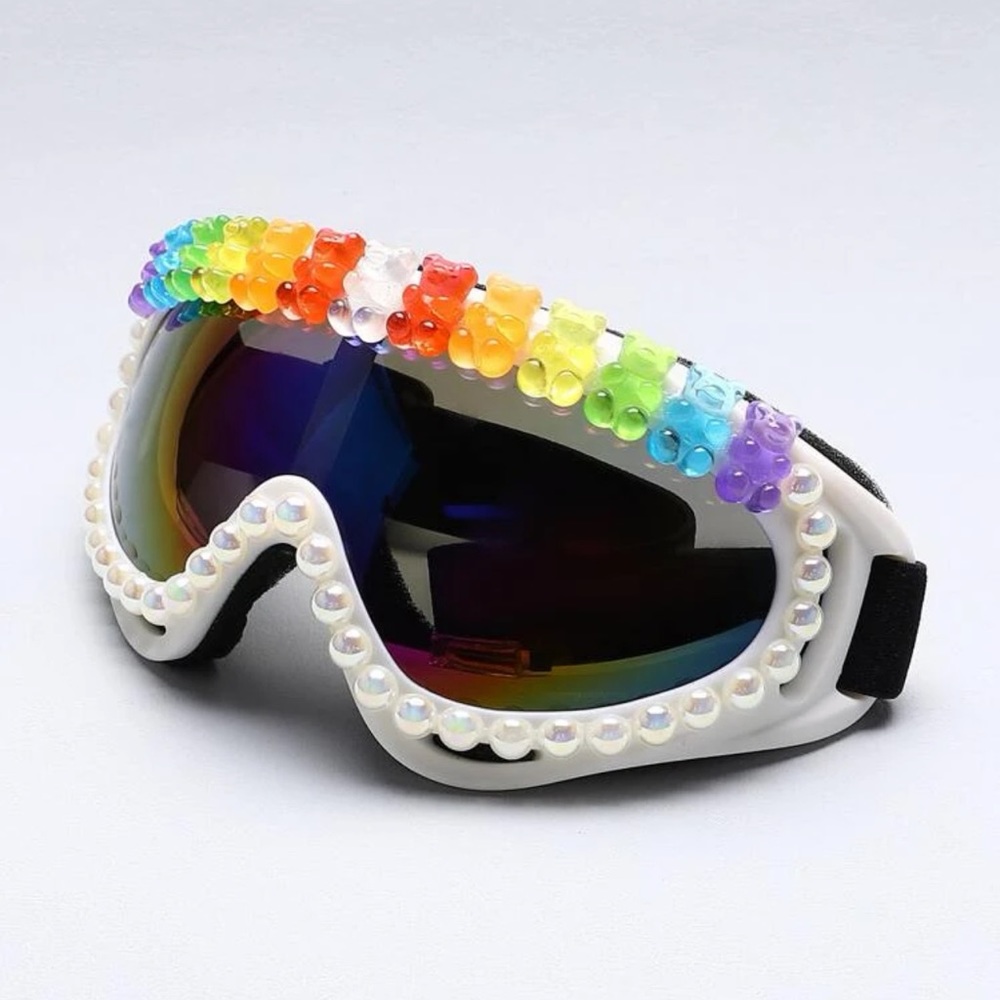 🧸 Awesome Colorful Yummy Gummy Teddy Bear Faux Pearl Fashion Shield Glasses 💕
